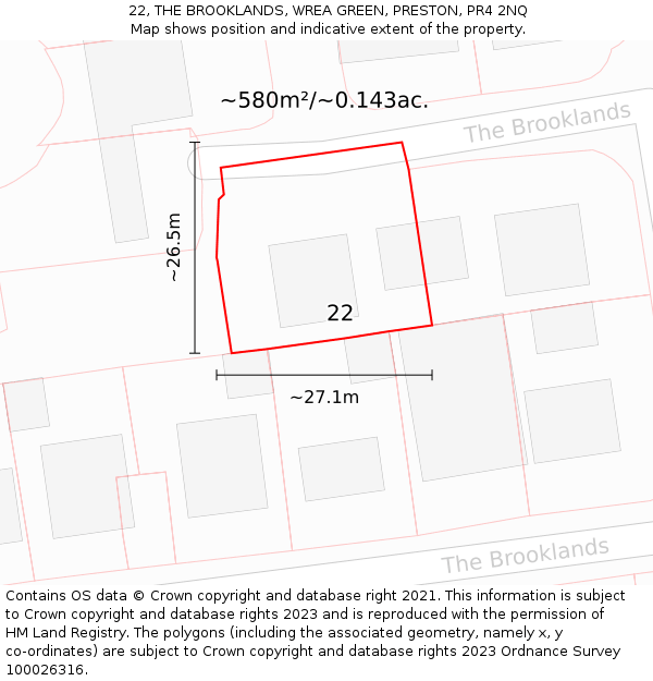 22, THE BROOKLANDS, WREA GREEN, PRESTON, PR4 2NQ: Plot and title map