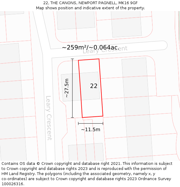 22, THE CANONS, NEWPORT PAGNELL, MK16 9GF: Plot and title map