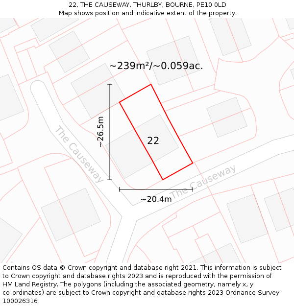 22, THE CAUSEWAY, THURLBY, BOURNE, PE10 0LD: Plot and title map