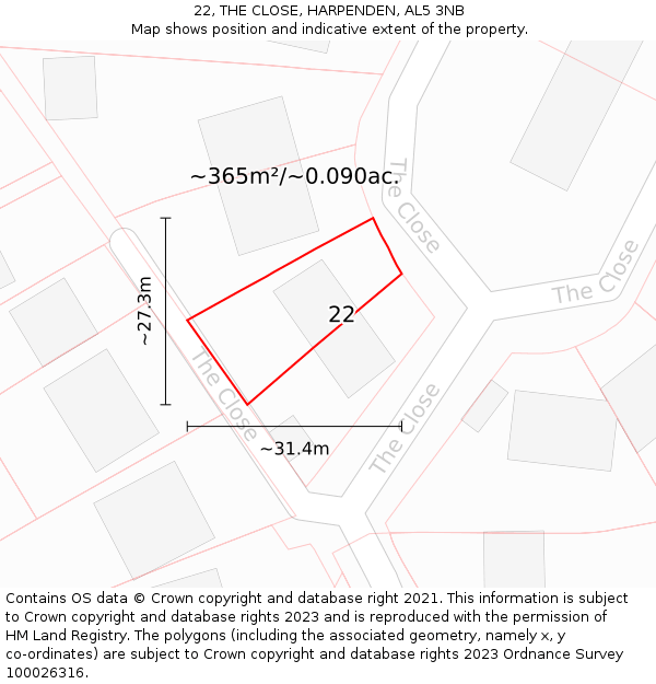 22, THE CLOSE, HARPENDEN, AL5 3NB: Plot and title map