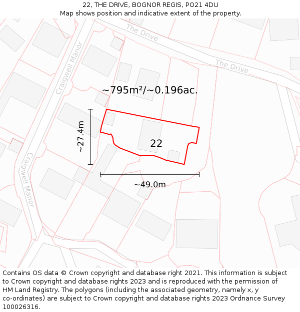 22, THE DRIVE, BOGNOR REGIS, PO21 4DU: Plot and title map