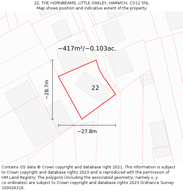 22, THE HORNBEAMS, LITTLE OAKLEY, HARWICH, CO12 5NL: Plot and title map