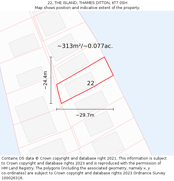 22, THE ISLAND, THAMES DITTON, KT7 0SH: Plot and title map