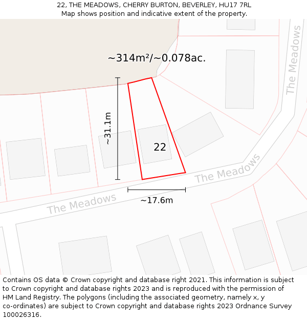 22, THE MEADOWS, CHERRY BURTON, BEVERLEY, HU17 7RL: Plot and title map