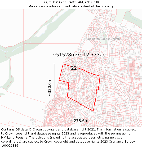 22, THE OAKES, FAREHAM, PO14 3TP: Plot and title map