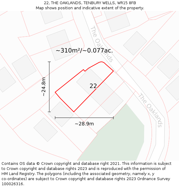 22, THE OAKLANDS, TENBURY WELLS, WR15 8FB: Plot and title map