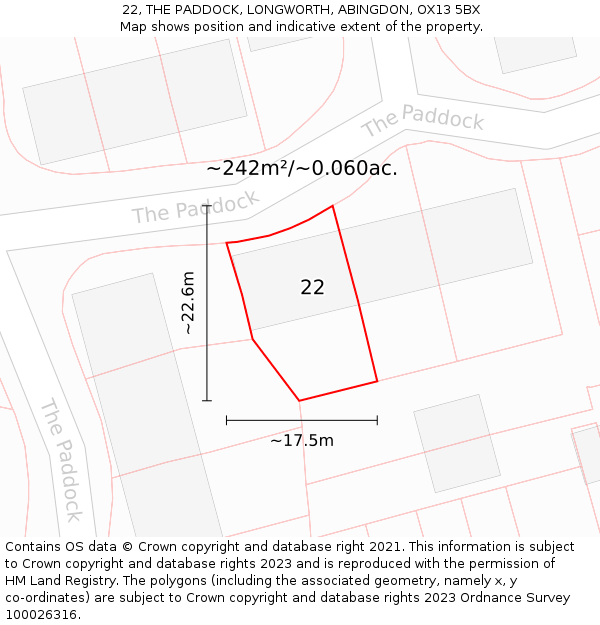 22, THE PADDOCK, LONGWORTH, ABINGDON, OX13 5BX: Plot and title map