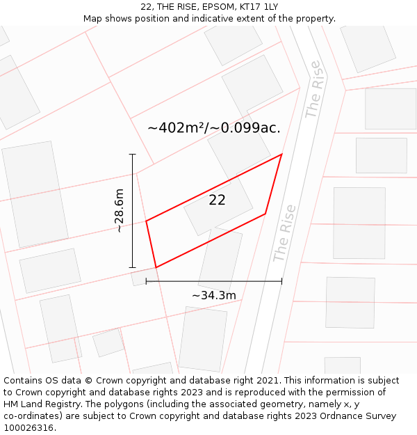 22, THE RISE, EPSOM, KT17 1LY: Plot and title map