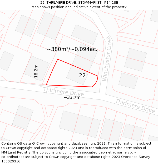 22, THIRLMERE DRIVE, STOWMARKET, IP14 1SE: Plot and title map