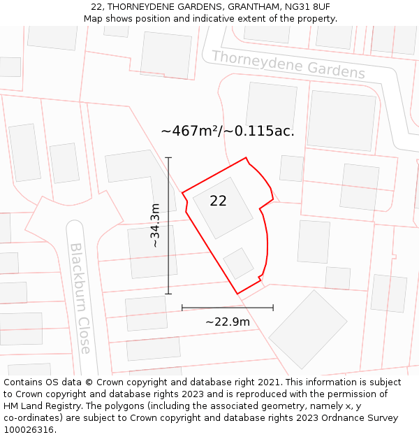 22, THORNEYDENE GARDENS, GRANTHAM, NG31 8UF: Plot and title map