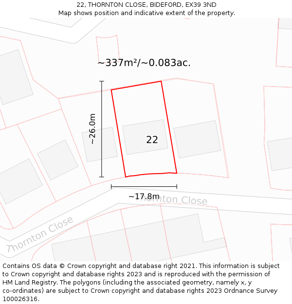 22, THORNTON CLOSE, BIDEFORD, EX39 3ND: Plot and title map