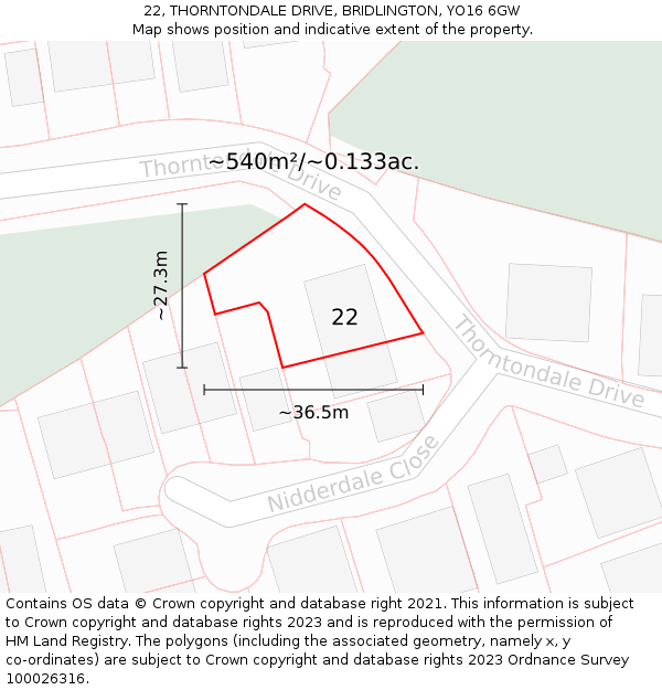 22, THORNTONDALE DRIVE, BRIDLINGTON, YO16 6GW: Plot and title map