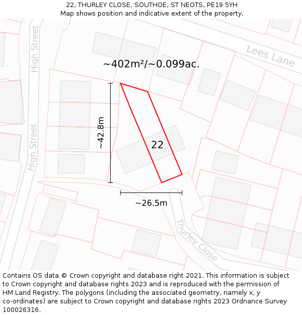 22, THURLEY CLOSE, SOUTHOE, ST NEOTS, PE19 5YH: Plot and title map