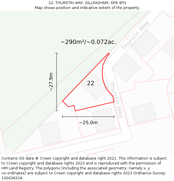 22, THURSTIN WAY, GILLINGHAM, SP8 4FN: Plot and title map