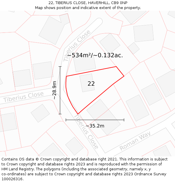 22, TIBERIUS CLOSE, HAVERHILL, CB9 0NP: Plot and title map