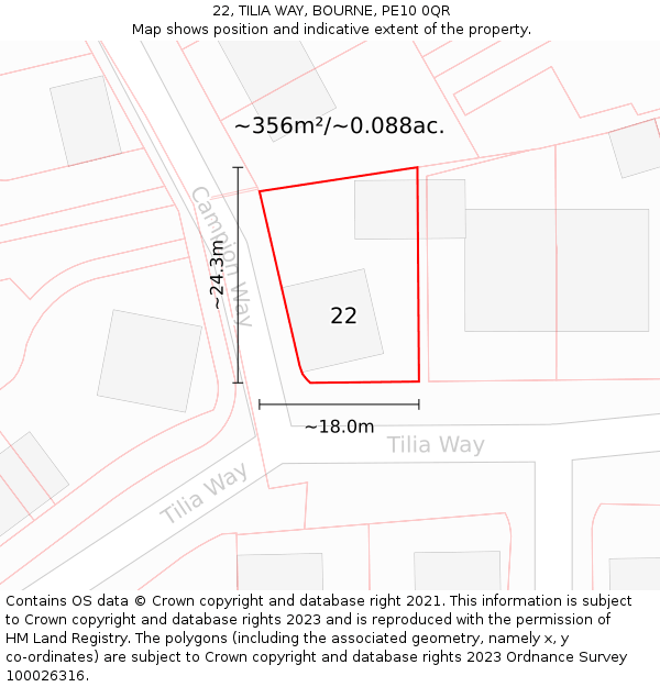 22, TILIA WAY, BOURNE, PE10 0QR: Plot and title map