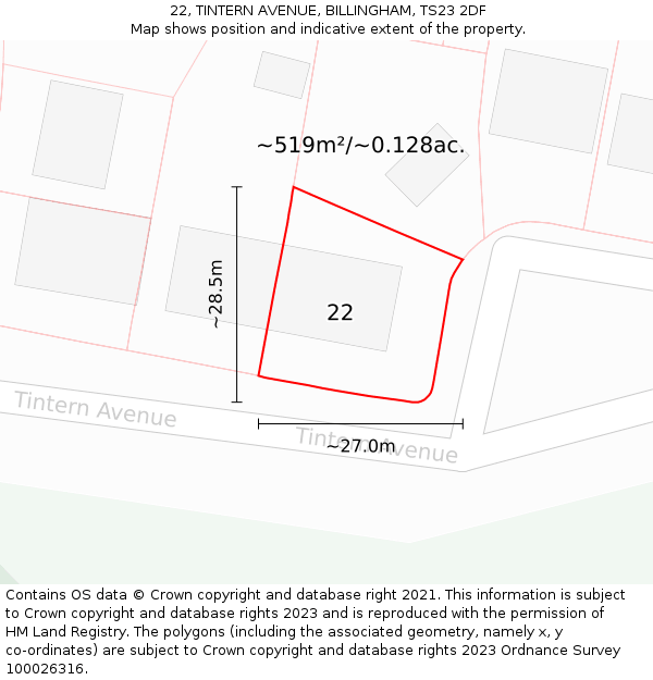 22, TINTERN AVENUE, BILLINGHAM, TS23 2DF: Plot and title map