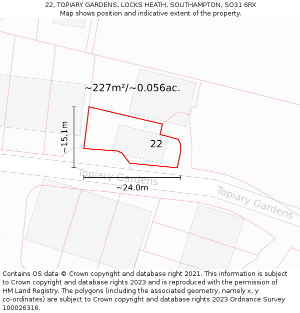 22, TOPIARY GARDENS, LOCKS HEATH, SOUTHAMPTON, SO31 6RX: Plot and title map