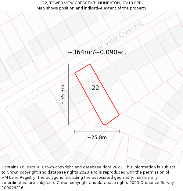 22, TOWER VIEW CRESCENT, NUNEATON, CV10 8PP: Plot and title map
