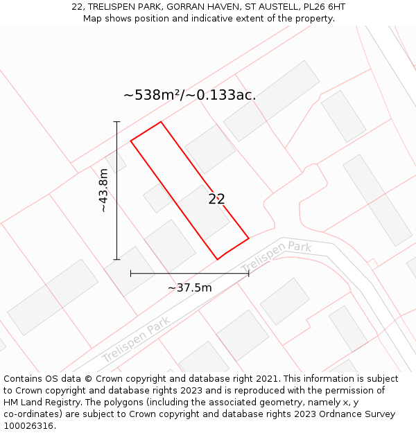 22, TRELISPEN PARK, GORRAN HAVEN, ST AUSTELL, PL26 6HT: Plot and title map