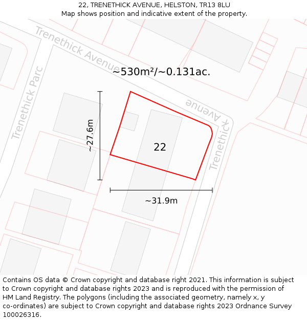 22, TRENETHICK AVENUE, HELSTON, TR13 8LU: Plot and title map