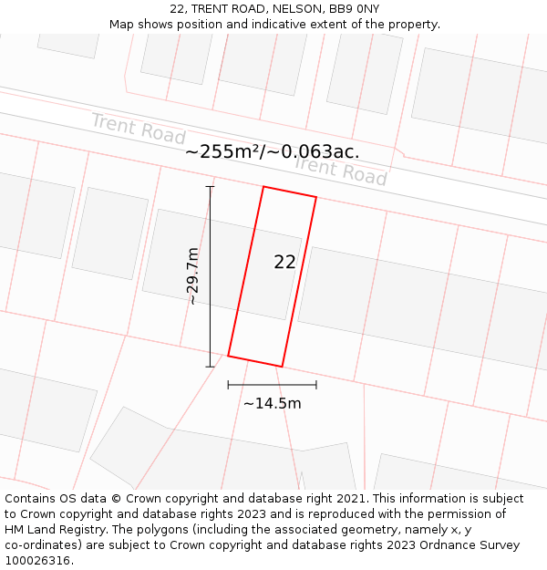 22, TRENT ROAD, NELSON, BB9 0NY: Plot and title map