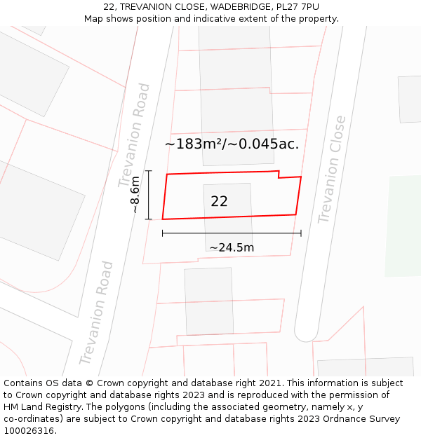 22, TREVANION CLOSE, WADEBRIDGE, PL27 7PU: Plot and title map