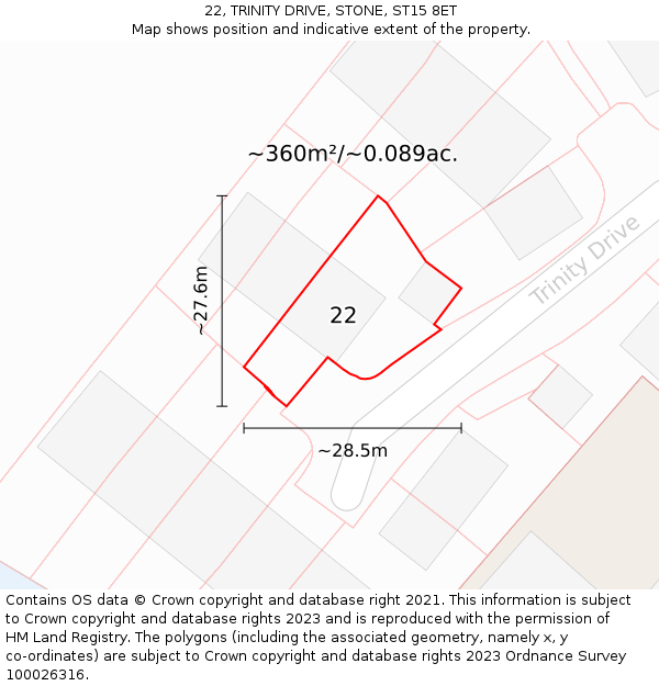 22, TRINITY DRIVE, STONE, ST15 8ET: Plot and title map