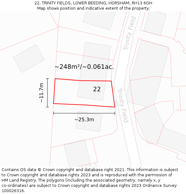 22, TRINITY FIELDS, LOWER BEEDING, HORSHAM, RH13 6GH: Plot and title map