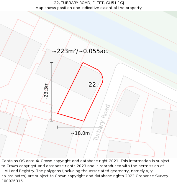 22, TURBARY ROAD, FLEET, GU51 1GJ: Plot and title map