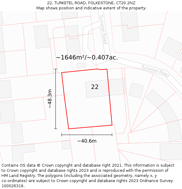 22, TURKETEL ROAD, FOLKESTONE, CT20 2NZ: Plot and title map