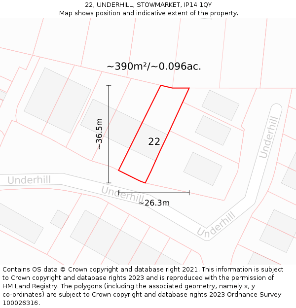 22, UNDERHILL, STOWMARKET, IP14 1QY: Plot and title map