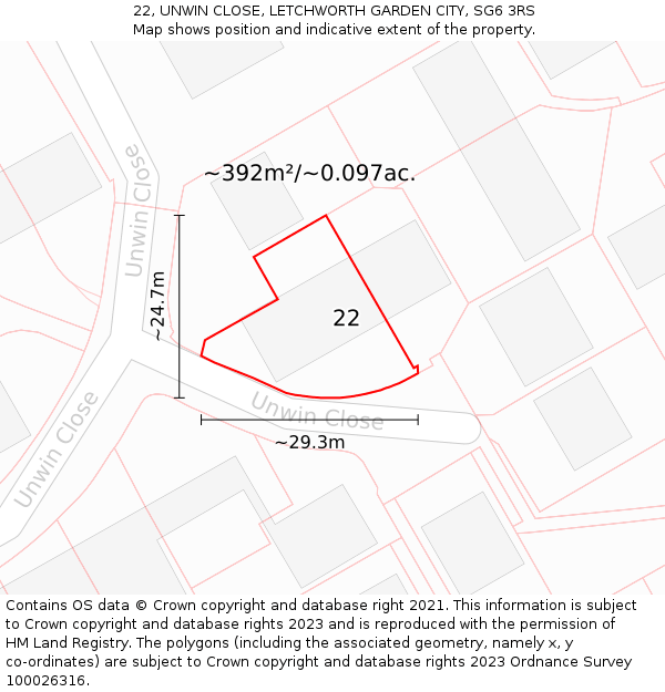 22, UNWIN CLOSE, LETCHWORTH GARDEN CITY, SG6 3RS: Plot and title map