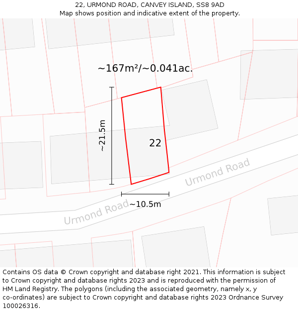 22, URMOND ROAD, CANVEY ISLAND, SS8 9AD: Plot and title map