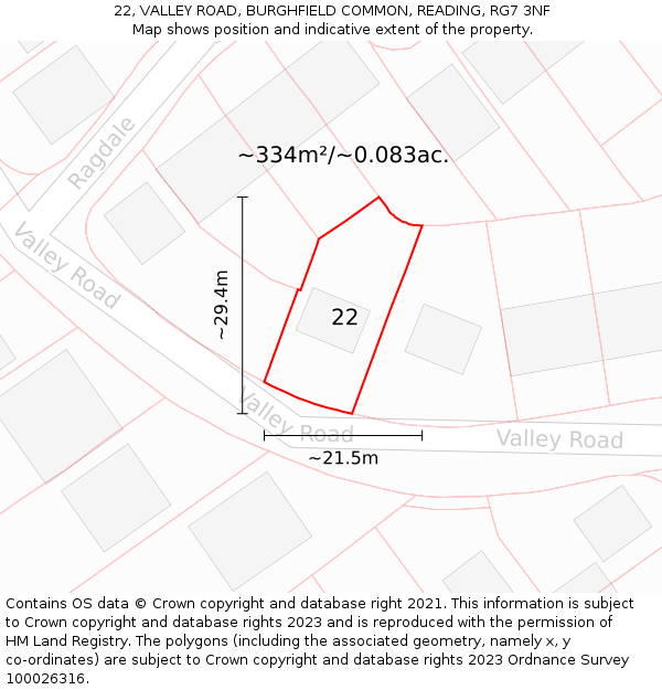 22, VALLEY ROAD, BURGHFIELD COMMON, READING, RG7 3NF: Plot and title map