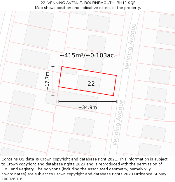 22, VENNING AVENUE, BOURNEMOUTH, BH11 9QF: Plot and title map