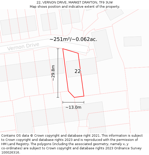 22, VERNON DRIVE, MARKET DRAYTON, TF9 3UW: Plot and title map