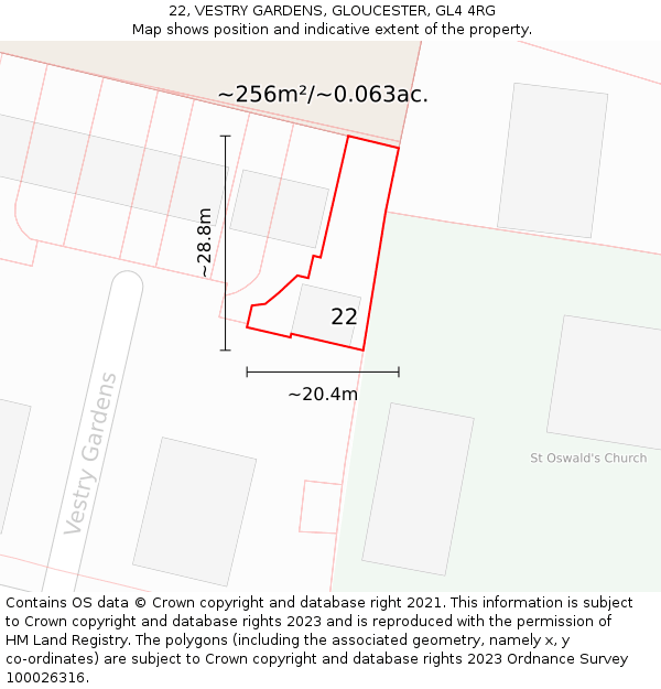 22, VESTRY GARDENS, GLOUCESTER, GL4 4RG: Plot and title map