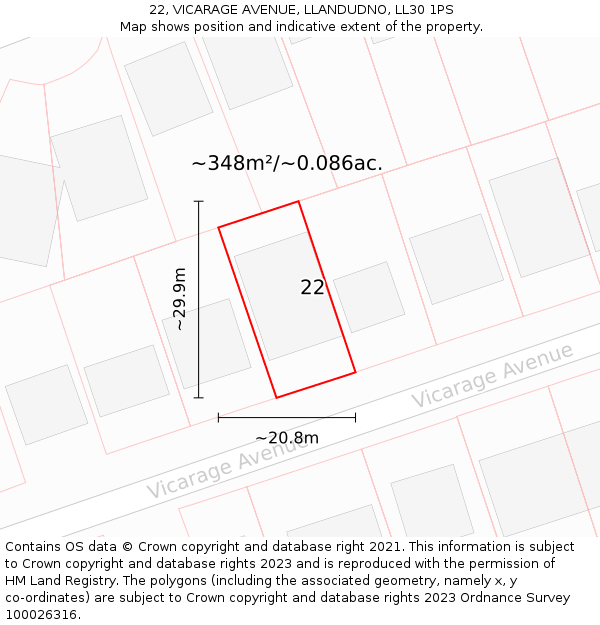 22, VICARAGE AVENUE, LLANDUDNO, LL30 1PS: Plot and title map