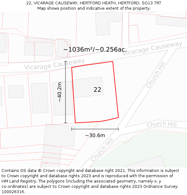 22, VICARAGE CAUSEWAY, HERTFORD HEATH, HERTFORD, SG13 7RT: Plot and title map