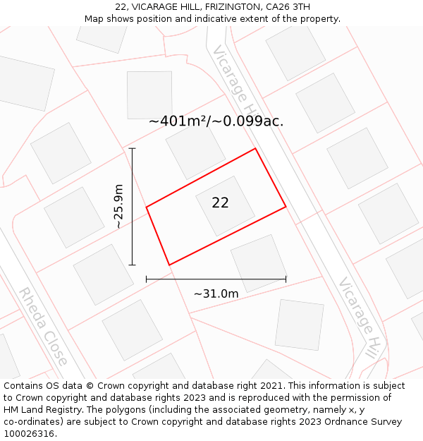 22, VICARAGE HILL, FRIZINGTON, CA26 3TH: Plot and title map