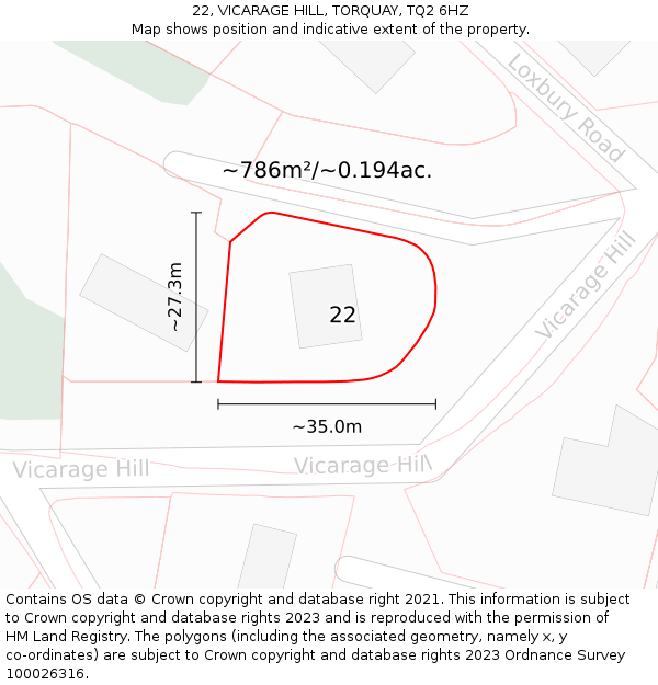 22, VICARAGE HILL, TORQUAY, TQ2 6HZ: Plot and title map
