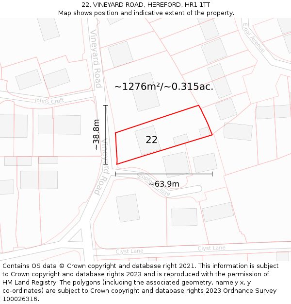 22, VINEYARD ROAD, HEREFORD, HR1 1TT: Plot and title map