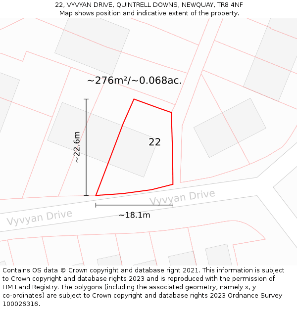 22, VYVYAN DRIVE, QUINTRELL DOWNS, NEWQUAY, TR8 4NF: Plot and title map