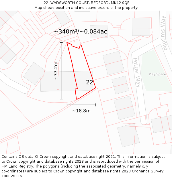 22, WADSWORTH COURT, BEDFORD, MK42 9QF: Plot and title map
