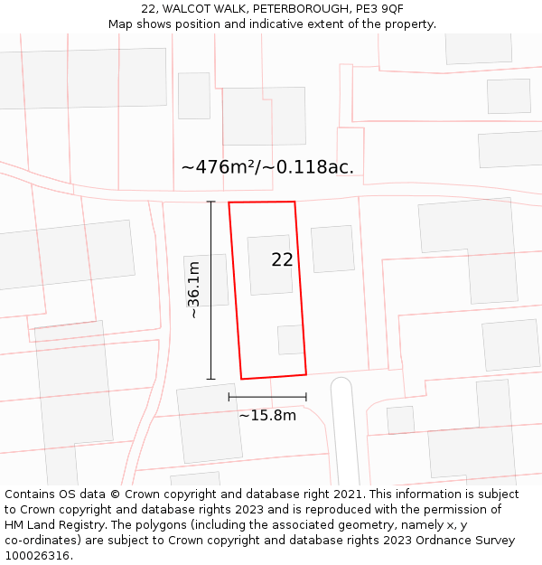 22, WALCOT WALK, PETERBOROUGH, PE3 9QF: Plot and title map