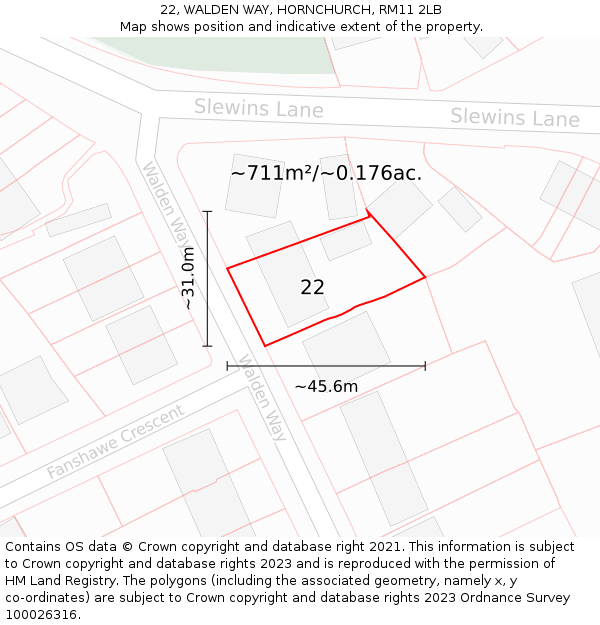 22, WALDEN WAY, HORNCHURCH, RM11 2LB: Plot and title map