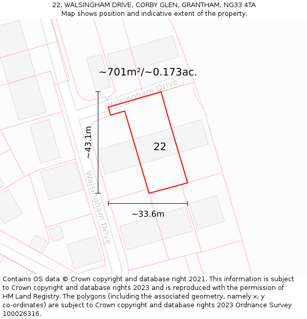 22, WALSINGHAM DRIVE, CORBY GLEN, GRANTHAM, NG33 4TA: Plot and title map