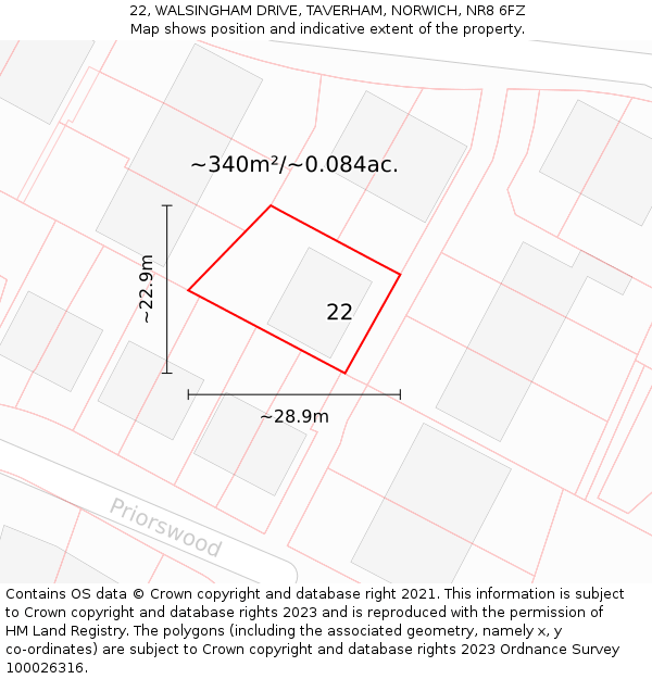 22, WALSINGHAM DRIVE, TAVERHAM, NORWICH, NR8 6FZ: Plot and title map