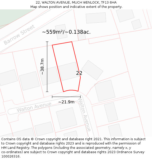 22, WALTON AVENUE, MUCH WENLOCK, TF13 6HA: Plot and title map